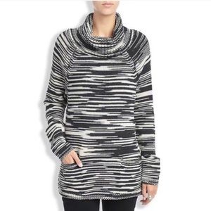 Lucky Brand Space Dye Black Print Cowl Neck Tunic Sweater Medium